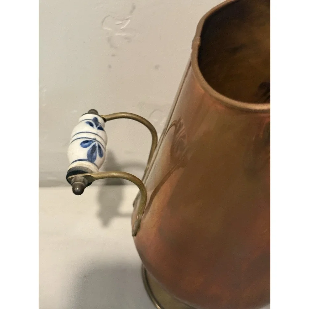 Vintage Copper Coal Scuttle/Bucket W/ Ceramic Handle Lion Decoratives, 13